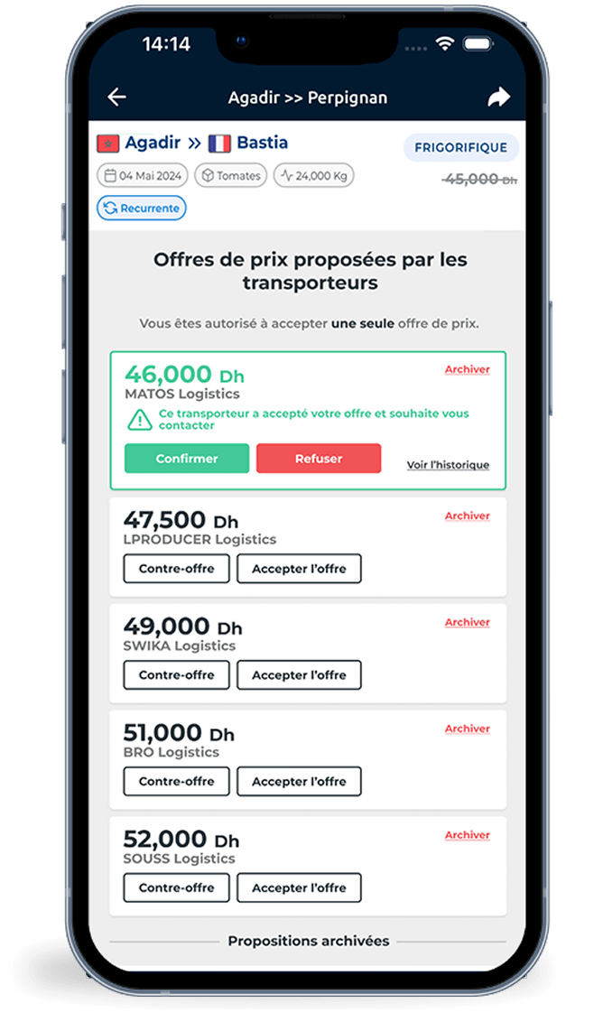 Recevez des propositions de transporteurs fiables en temps réel.