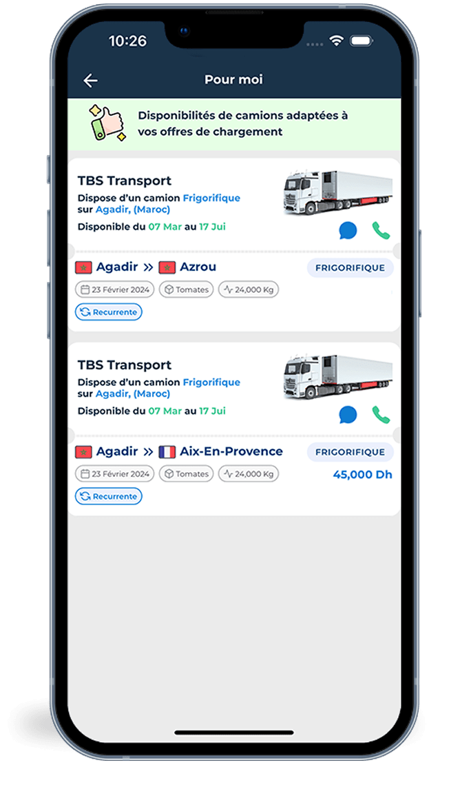 Une notification instantanée dès qu'une offre de chargement correspond à vos disponibilités