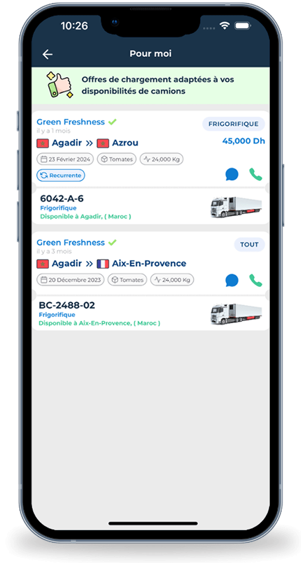 Une notification instantanée dès qu'une offre de chargement correspond à vos disponibilités de camions.
